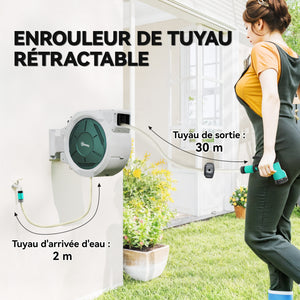 Enrouleur Tuyau Arrosage Mural 30 m x Ø 15 mm, Dévidoir Automatique de Tuyaux d'Eau Rétractable Automatique Pivotant à 180°, Buse à 7 Modes, pour Jardin et Lavage de Voiture, Gris