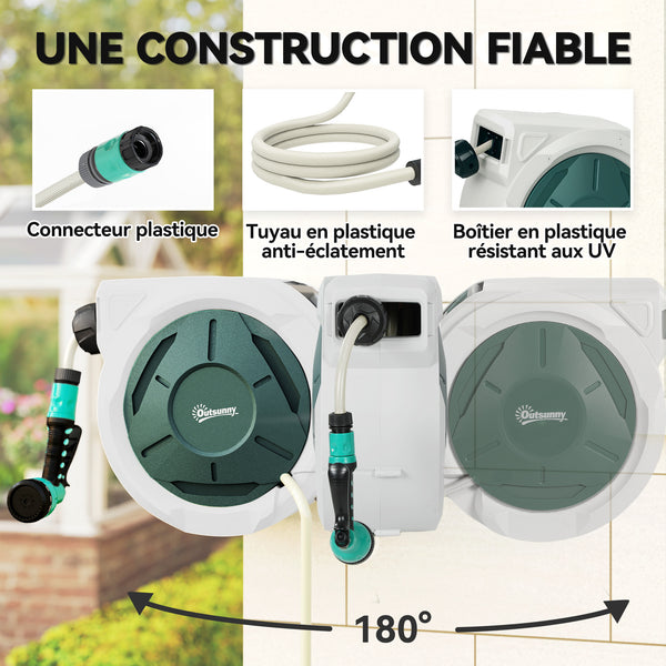 Enrouleur Tuyau Arrosage Mural 30 m x Ø 15 mm, Dévidoir Automatique de Tuyaux d'Eau Rétractable Automatique Pivotant à 180°, Buse à 7 Modes, pour Jardin et Lavage de Voiture, Gris