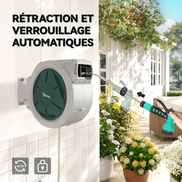 Enrouleur Tuyau Arrosage Mural 30 m x Ø 15 mm, Dévidoir Automatique de Tuyaux d'Eau Rétractable Automatique Pivotant à 180°, Buse à 7 Modes, pour Jardin et Lavage de Voiture, Gris