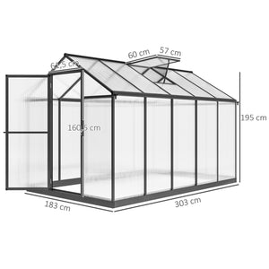Serre de jardin en aluminium polycarbonate, serre avec fenêtres supérieures réglables, porte battante, abri extérieur résistant aux intempéries pour plante fleur, 303x183x195 cm, transparent