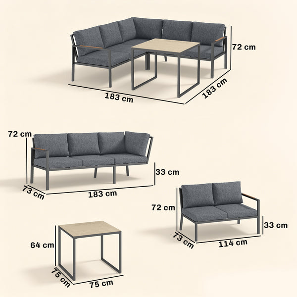 Salon de Jardin Extérieur 3 Pièces 5 Personnes, 2 Canapés avec Coussins Amovibles Épais, 1 Table Basse avec Plateau en Verre, Ensemble de Canapé Extérieur pour Terrasse Balcon, Gris Foncé