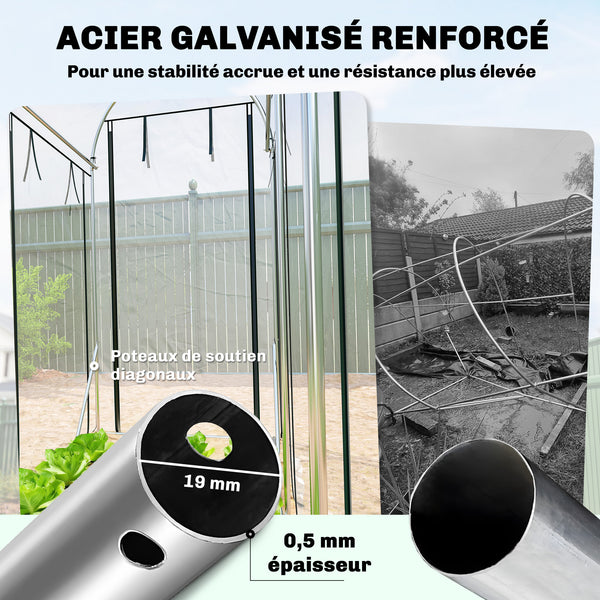 Serre tunnel de jardin 3 m², serre de jardin tunnel 295x100x197cm avec cadre en acier galvanisé, 8 portes roulantes, pour extérieur, toutes saisons, transparent