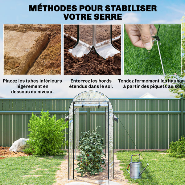 Serre tunnel de jardin 3 m², serre de jardin tunnel 295x100x197cm avec cadre en acier galvanisé, 8 portes roulantes, pour extérieur, toutes saisons, transparent