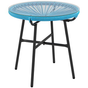 Table basse ronde de jardin en résine aspect rotin métal et plateau verre trempé Ø 50 x 50 cm bleu