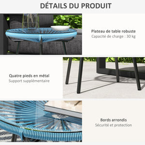 Table basse ronde de jardin en résine aspect rotin métal et plateau verre trempé Ø 50 x 50 cm bleu