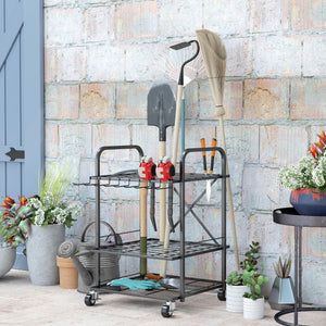Organisateur d'outils de jardin avec 9 crochets, support à outils de jardin 40 compartiments, porte-outils de garage en métal sur roulettes pour sécateurs, pelles, râteaux, noir
