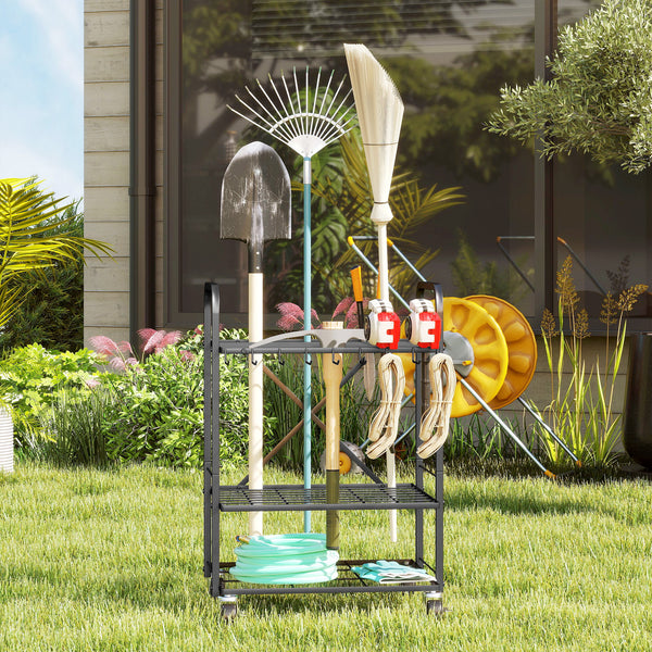 Organisateur d'outils de jardin avec 9 crochets, support à outils de jardin 40 compartiments, porte-outils de garage en métal sur roulettes pour sécateurs, pelles, râteaux, noir
