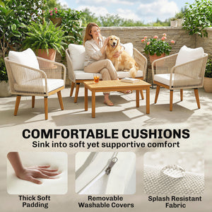Ensemble de jardin 4 pièces en polyrattan - Salon avec canapé 2 places, 2 fauteuils, table à lattes en acacia, coussins épais lavables, mobilier balcon pour 4 personnes, ensemble pour jardin/balcon blanc crème