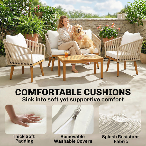 Ensemble de jardin 4 pièces en polyrattan - Salon avec canapé 2 places, 2 fauteuils, table à lattes en acacia, coussins épais lavables, mobilier balcon pour 4 personnes, ensemble pour jardin/balcon blanc crème