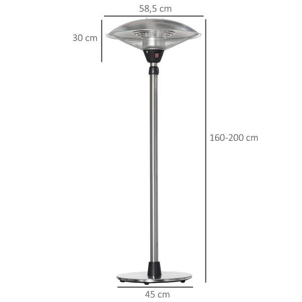 Parasol chauffant électrique 3000W chauffage d'appoint sans CO₂ 13 m² et IP44 - chauffage infrarouge sur pied 3 puissances de chauffe - hauteur réglable de 160 à 200 cm acier inox. argent