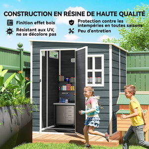 Abri de jardin  6 x 6 pieds avec plancher, effet bois, porte verrouillable et fenêtres pour jardin, patio, garage, pelouse, gris vieilli