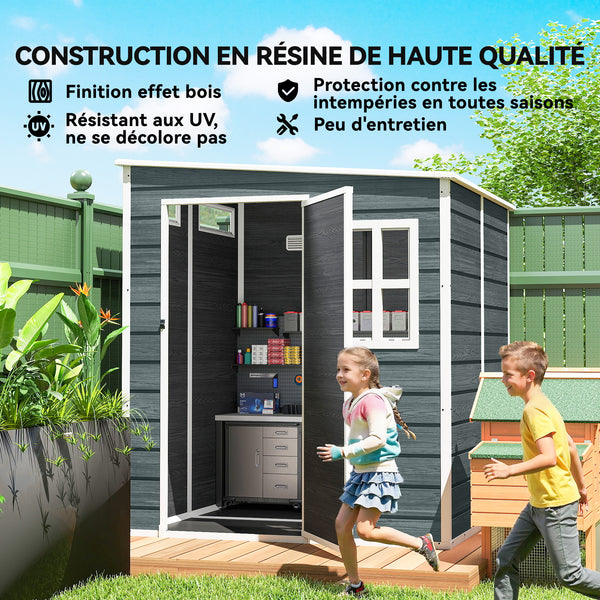 Abri de jardin  6 x 6 pieds avec plancher, effet bois, porte verrouillable et fenêtres pour jardin, patio, garage, pelouse, gris vieilli