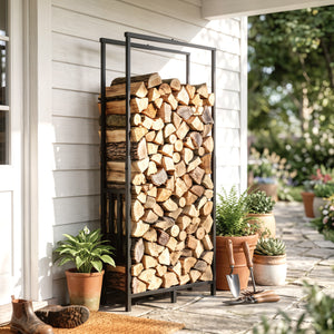 Range Bûches en Acier, Largeur & Hauteur Réglables - Étagère pour Bois de Cheminée, Charge 100 kg - Porte-bûches Intérieur Extérieur, 45,5-75,5 x 25 x 98-170 cm, Noir