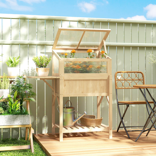 Carré potager sur pieds avec serre, jardinière surélevée en bois avec table latérale pliante et étagère de rangement, pour légumes, fleurs, herbes, 104 x 50 x 120 cm, bois naturel
