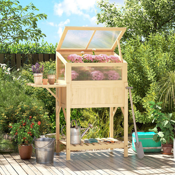 Carré potager sur pieds avec serre, jardinière surélevée en bois avec table latérale pliante et étagère de rangement, pour légumes, fleurs, herbes, 104 x 50 x 120 cm, bois naturel
