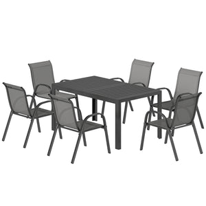 Salon de jardin extérieur 7 pièces, table de jardin extérieure avec 6 chaises empilables, plateau à lattes 150 cm, structure en acier anti-rouille, mobilier de jardin, terrasse, Gris Clair