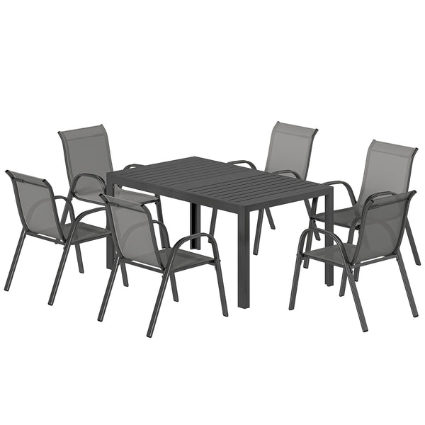 Salon de jardin extérieur 7 pièces, table de jardin extérieure avec 6 chaises empilables, plateau à lattes 150 cm, structure en acier anti-rouille, mobilier de jardin, terrasse, Gris Clair