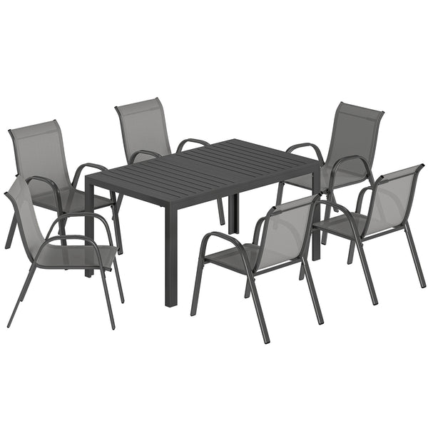 Salon de jardin extérieur 7 pièces, table de jardin extérieure avec 6 chaises empilables, plateau à lattes 150 cm, structure en acier anti-rouille, mobilier de jardin, terrasse, Gris Clair
