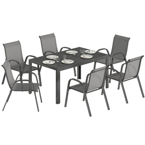 Salon de jardin extérieur 7 pièces, table de jardin extérieure avec 6 chaises empilables, plateau à lattes 150 cm, structure en acier anti-rouille, mobilier de jardin, terrasse, Gris Clair