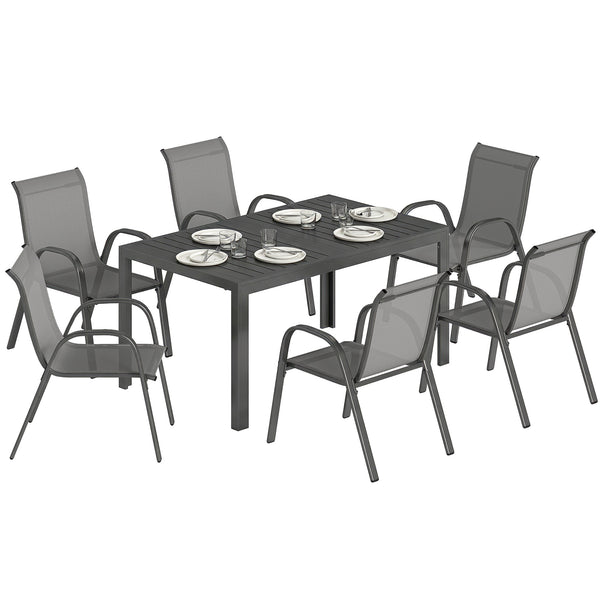 Salon de jardin extérieur 7 pièces, table de jardin extérieure avec 6 chaises empilables, plateau à lattes 150 cm, structure en acier anti-rouille, mobilier de jardin, terrasse, Gris Clair