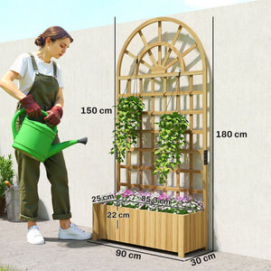Jardinière avec treillis, bac à fleurs, lit surélevé avec trous de drainage, pour plantes grimpantes, légumes, bois massif, intérieur et extérieur, 90 x 30 x 180 cm, effet bois naturel