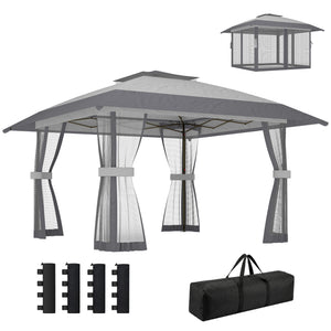 Tonnelle de jardin 4 x 4 m pop up tente pliante réglable en hauteur protection UV30+ tonnelle pliante avec double toit 4 parois en maille 4 sacs de sable sac de transport montage facile gris