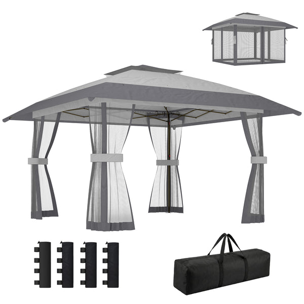Tonnelle de jardin 4 x 4 m pop up tente pliante réglable en hauteur protection UV30+ tonnelle pliante avec double toit 4 parois en maille 4 sacs de sable sac de transport montage facile gris