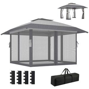 Tonnelle de jardin 4 x 4 m pop up tente pliante réglable en hauteur protection UV30+ tonnelle pliante avec double toit 4 parois en maille 4 sacs de sable sac de transport montage facile gris