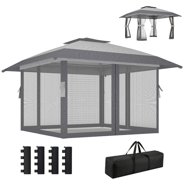 Tonnelle de jardin 4 x 4 m pop up tente pliante réglable en hauteur protection UV30+ tonnelle pliante avec double toit 4 parois en maille 4 sacs de sable sac de transport montage facile gris
