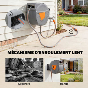 Enrouleur Tuyau Arrosage Mural 40+2 m Pivotant à 180°, Dévidoir de Tuyaux d'Eau, Buse 2 Modes, Rembobinage Auto et Progressif avec Verrou, Adaptateurs, pour Jardin, Lavage de Voiture, Orange