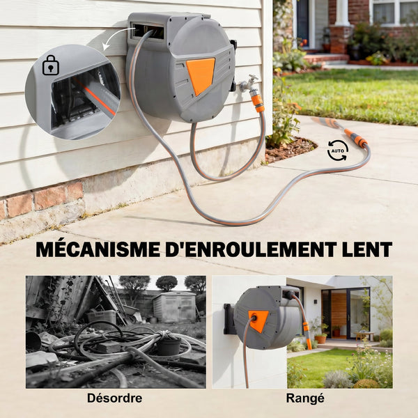 Enrouleur Tuyau Arrosage Mural 40+2 m Pivotant à 180°, Dévidoir de Tuyaux d'Eau, Buse 2 Modes, Rembobinage Auto et Progressif avec Verrou, Adaptateurs, pour Jardin, Lavage de Voiture, Orange