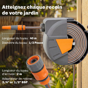 Enrouleur Tuyau Arrosage Mural 40+2 m Pivotant à 180°, Dévidoir de Tuyaux d'Eau, Buse 2 Modes, Rembobinage Auto et Progressif avec Verrou, Adaptateurs, pour Jardin, Lavage de Voiture, Orange