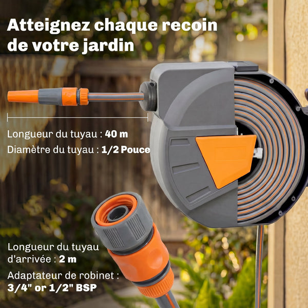 Enrouleur Tuyau Arrosage Mural 40+2 m Pivotant à 180°, Dévidoir de Tuyaux d'Eau, Buse 2 Modes, Rembobinage Auto et Progressif avec Verrou, Adaptateurs, pour Jardin, Lavage de Voiture, Orange