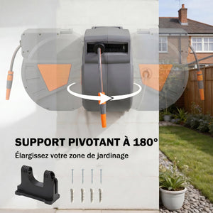 Enrouleur Tuyau Arrosage Mural 40+2 m Pivotant à 180°, Dévidoir de Tuyaux d'Eau, Buse 2 Modes, Rembobinage Auto et Progressif avec Verrou, Adaptateurs, pour Jardin, Lavage de Voiture, Orange