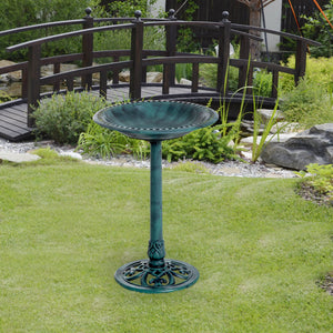 Bain d'oiseaux plateau de diamètre 50cm, abreuvoir oiseaux extérieur sur pied hauteur 69,5 cm, mangeoire oiseaux design coquille et décoration fleur-de-lys, érugineux