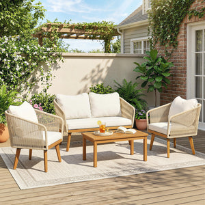 Ensemble de jardin 4 pièces en polyrattan - Salon avec canapé 2 places, 2 fauteuils, table à lattes en acacia, coussins épais lavables, mobilier balcon pour 4 personnes, ensemble pour jardin/balcon blanc crème