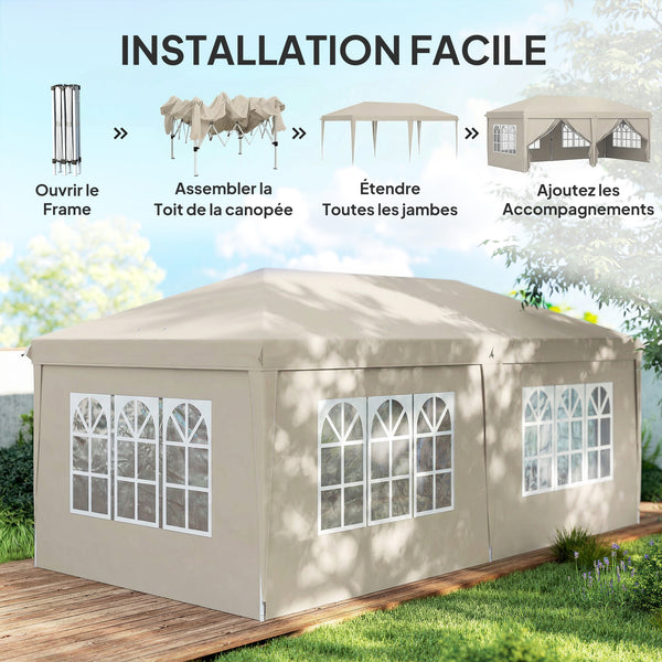 Tonnelle de jardin exterieur 6x3m tonnelle pliante Imperméable avec Parois Anti UV barnum pliant Hauteur Réglable Tente de réception avec Sac de Transport Installation Facile beige