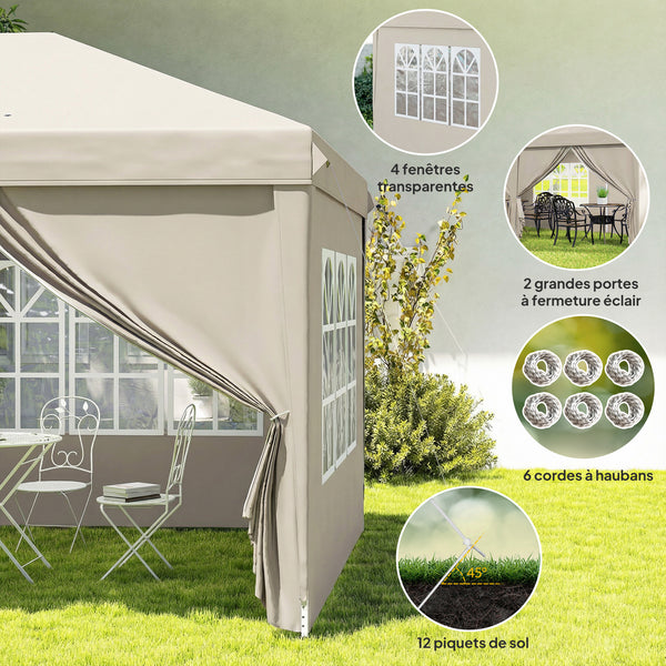 Tonnelle de jardin exterieur 6x3m tonnelle pliante Imperméable avec Parois Anti UV barnum pliant Hauteur Réglable Tente de réception avec Sac de Transport Installation Facile beige