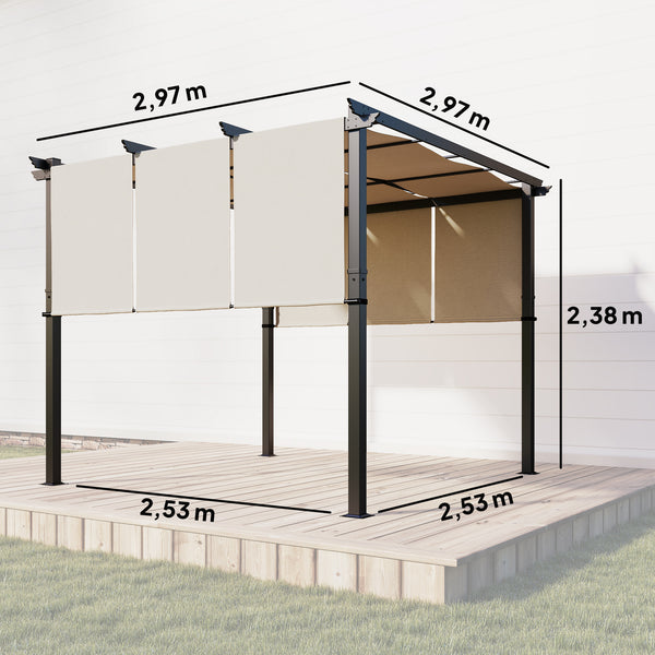 Pergola avec 3 toiles coulissantes 3 x 3 x 2,38 m structure acier noir toile polyester haute densité beige
