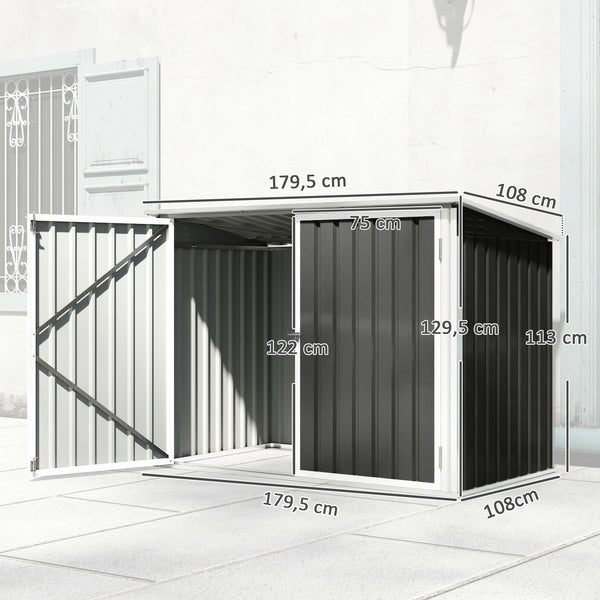 Cache Poubelle Double Acier Galvanisé pour 2 Poubelles de 240L - Abri de Jardin avec Couvercle Lié par Chaînes, Vérins à Gaz et Portes Verrouillables - Coffre de Jardin 179,5x108x129,5cm Gris