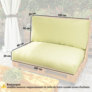 Coussins de palette extérieur 2 places, coussins de siège pour euro palette lavable, 2 pièces 120 x 80 cm et 120 x 45 cm, UPF20+, épais de 20 cm, beige