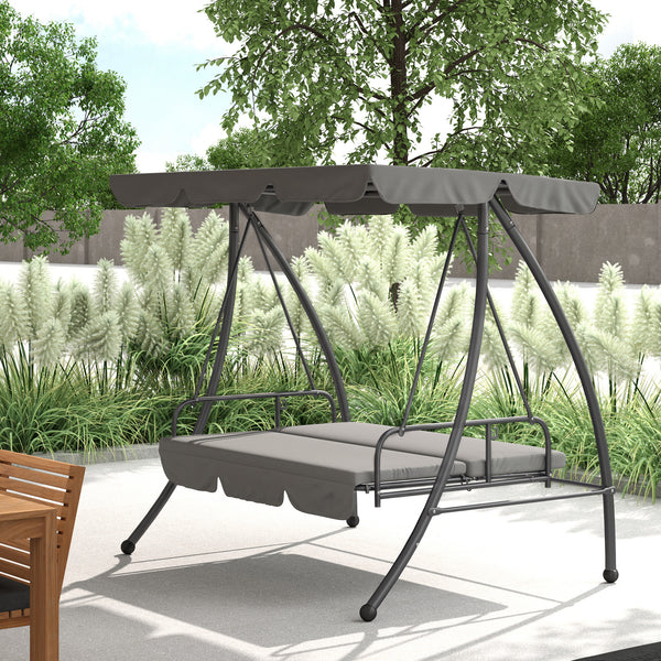 Balancelle de Jardin Convertible 3 Places Grand Confort Inclinaison Toit réglable Matelas fourni 2L x 1,25l x 1,7H m métal Polyester Noir Gris clair