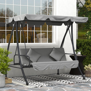 Balancelle de Jardin Convertible 3 Places Grand Confort Inclinaison Toit réglable Matelas fourni 2L x 1,25l x 1,7H m métal Polyester Noir Gris clair