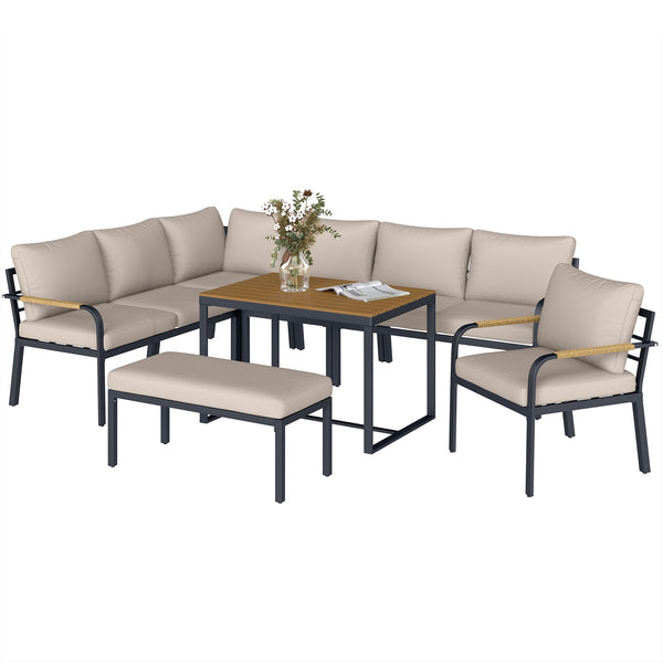 Salon de Jardin 7 Pièces - Ensemble Canapé d'Angle Extérieur Modulable avec Table en WPC et Pouf - Mobilier de Terrasse avec Coussins Épais et Accoudoirs en Résine Tressée, Beige et Gris
