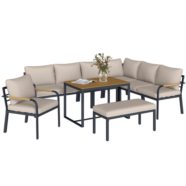 Salon de Jardin 7 Pièces - Ensemble Canapé d'Angle Extérieur Modulable avec Table en WPC et Pouf - Mobilier de Terrasse avec Coussins Épais et Accoudoirs en Résine Tressée, Beige et Gris