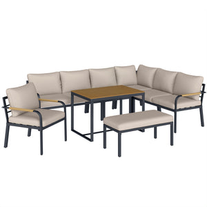 Salon de Jardin 7 Pièces - Ensemble Canapé d'Angle Extérieur Modulable avec Table en WPC et Pouf - Mobilier de Terrasse avec Coussins Épais et Accoudoirs en Résine Tressée, Beige et Gris