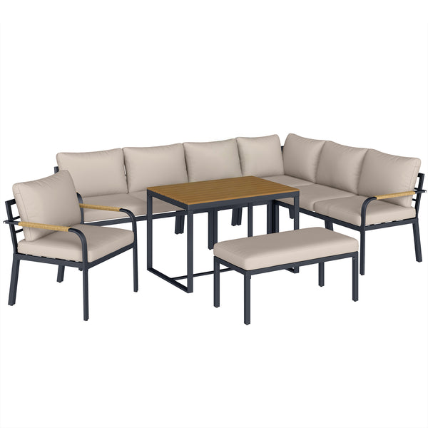 Salon de Jardin 7 Pièces - Ensemble Canapé d'Angle Extérieur Modulable avec Table en WPC et Pouf - Mobilier de Terrasse avec Coussins Épais et Accoudoirs en Résine Tressée, Beige et Gris