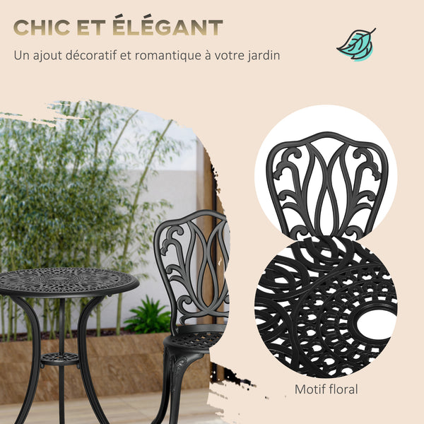 Salon de jardin exterieur, ensemble table ronde et chaises structure en aluminium, table de bistrot avec trou pour parasol mobilier de jardin cours terrasses balcons bords de piscine, noir