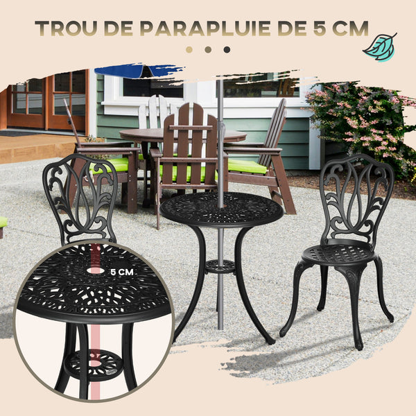 Salon de jardin exterieur, ensemble table ronde et chaises structure en aluminium, table de bistrot avec trou pour parasol mobilier de jardin cours terrasses balcons bords de piscine, noir
