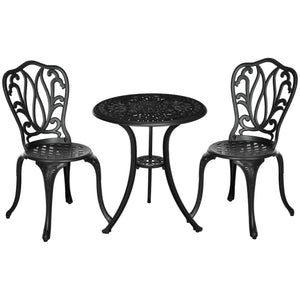Salon de jardin exterieur, ensemble table ronde et chaises structure en aluminium, table de bistrot avec trou pour parasol mobilier de jardin cours terrasses balcons bords de piscine, noir